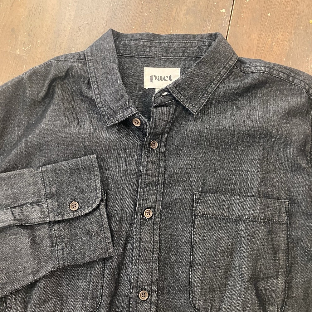 Pact Button‎ Down Shirt Mens Large Black Denim Organic Cotton Chambray